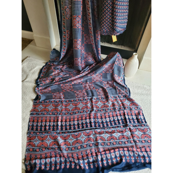 New Women Ajrakh Block Pure Silk Saree With Bp Party Designer Festive - Picture 2 of 10